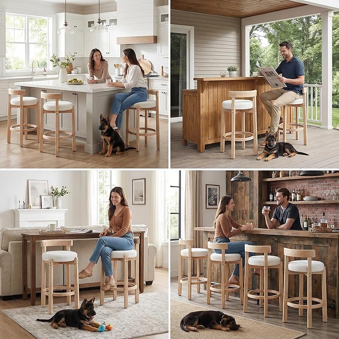 LukeAlon Sherpa Counter Stools Set of 2, Mid Century Upholstered 26.5" Seat Height Low Barstools with Natural Wood Legs Round Low Back Kitchen Stools with Footrest for Dining Room, White