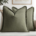 MIULEE Decorative Throw Pillow Covers Neutral Linen Fringe Throw Pillows Euro Shams Set of 2 Olive Green Boho Farmhouse Cushion Covers for Couch Sofa Bed Living Room Spring Home Decor 22x22 Inch