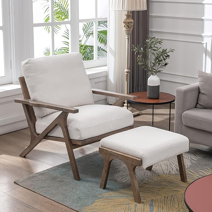 chairus Mid-Century Modern White Linen Accent Chairs with Ottomans Set of 2, Comfy Upholstered Lounge Armchairs with Solid Wood Frame, Fabric Reading Chairs for Living Room Bedroom Office
