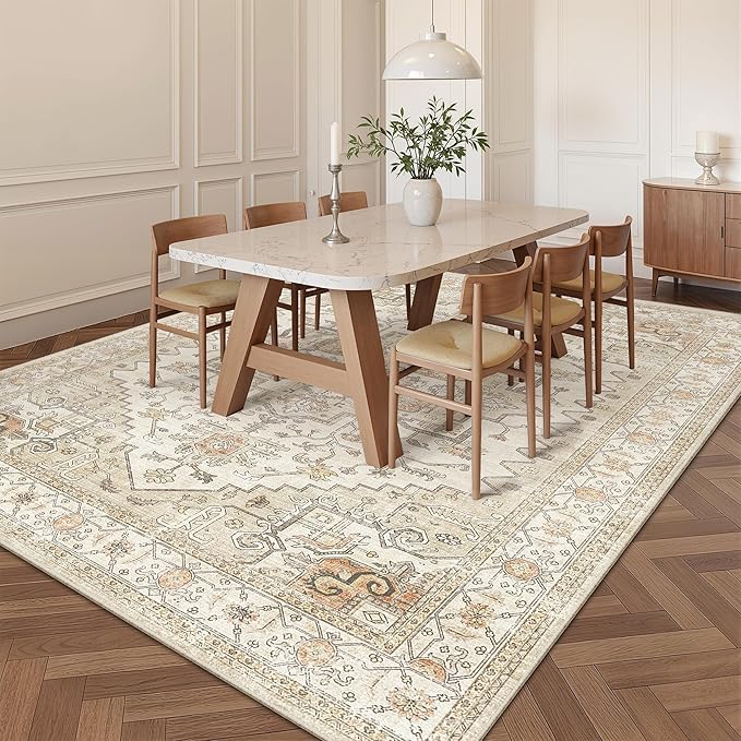 befbee 8x10 Area Rugs for Living Room, Stain Resistant Neutral Washable Rugs for Dining Room, Vintage Non-Slip Thin Large Size Area Rug, Printed Vintage Home Decor Rug(Gold