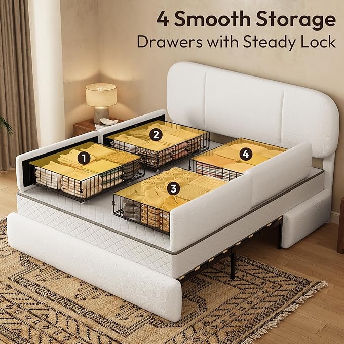 Queen Size Bed Frame with Storage, Boucle Cloud Bed with 4 Locking Drawers & LED Lights, Modern Upholstered Platform Bed, Plush Sides & Footboard, Adjustable Headboard, No Box Spring, Cream