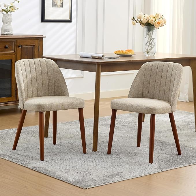 GarveeHome Wooden Dining Chairs Set of 2, Upholstered Kitchen Dining Room Chairs with Padded Seat and Wood Legs, Modern Fabric Side Dinner Chair for Kitchen, Dining Room, Restaurant, Cafe, Camel