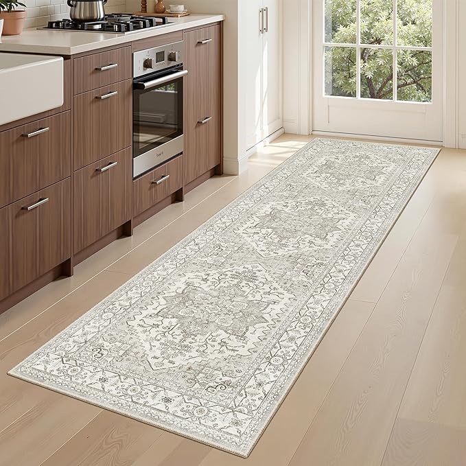 Runner Rug 2'x6' Washable Vintage Area Rugs for Hallway Non Slip Laundry Rug Runner Boho Floor Carpet Runners for Entryway Laundry Room Kitchen Bathroom (2'x6',Beige)