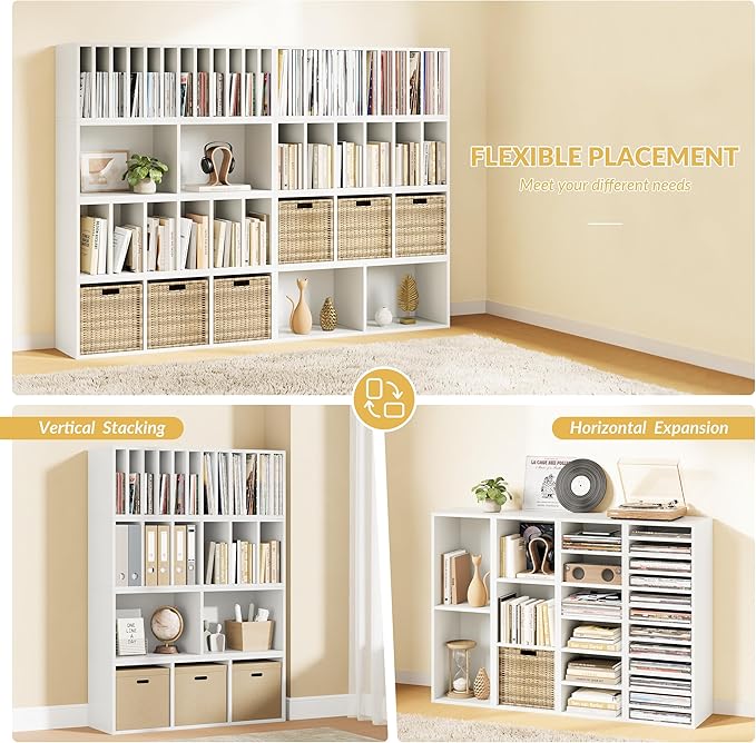 IOTXY DIY Modular Cube Bookcase - CubeXY Customizable Stackable Expandable Combination Set, 23-Cube Open Bookshelf for Books, Fabric Storage Bin, and 7/10-inch Vinyl Record Organizer, White