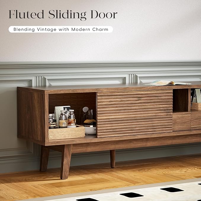 MU 70 Inch TV Stand for TVs up to 80 Inch, Mid Century Modern TV Console with Fluted Sliding Doors, Shelves & Drawers, Low Profile Entertainment Center for Living Room (Walnut, 70")