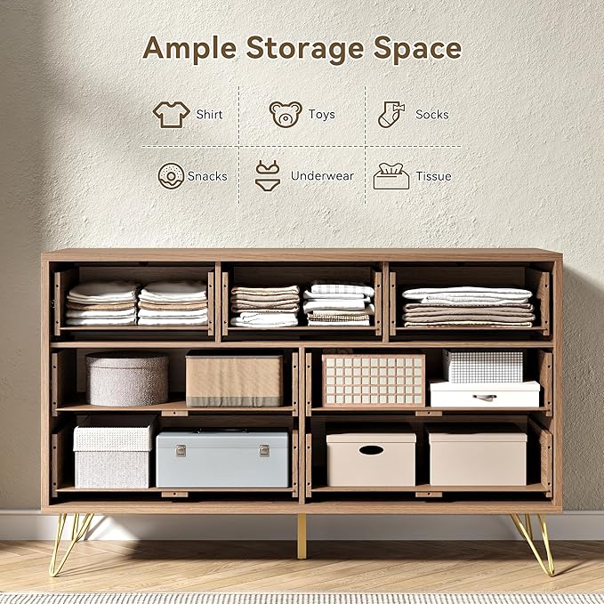 Fluted 7 Drawers Dresser for Bedroom, Wood Dressers with Scratch-Proof Golden Handles, Natural Curved Profile, Modern Chest for Living Room, Hallway, Entryway, Natural Oak