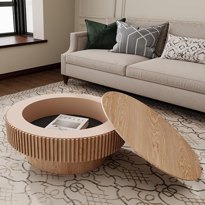 Round Coffee Table with Storage, Modern Handcraft Drum Coffee Table Wood Circle Center Table for Living Room Apartment, 31.49" Oak