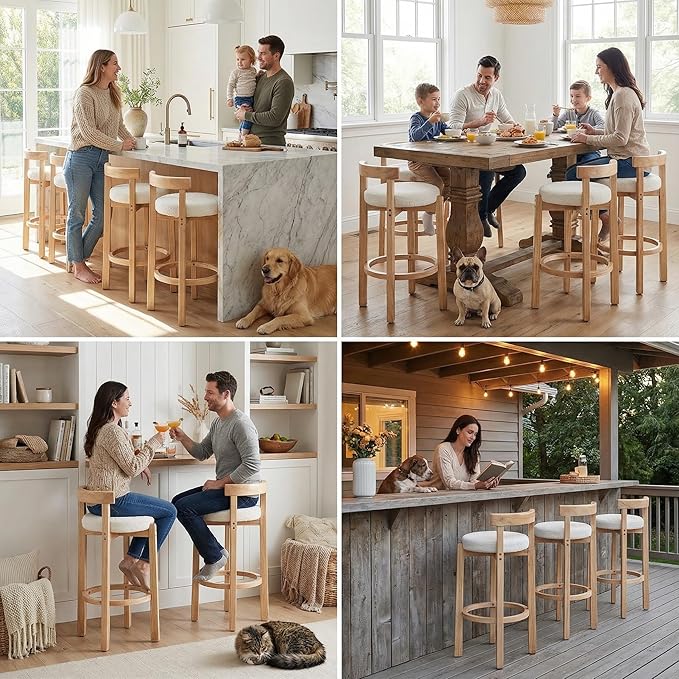 LukeAlon Mid Century Sherpa Bar Stools Set of 4, 30.25" Seat Height Upholstered Barstools with Wood Legs Modern Tall Bar Chair with Curved Low Back Round Footrest for Pub Home Kitchen Island, White