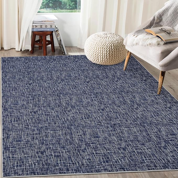 RUGSREAL 8x10 Washable Rug for Living Room Non-Slip Modern Abstract Area Rug Stain Resistant Large Bedroom Rug Contemporary Accent Throw Floor Carpet Solid Rug for Dining Room Home Decor, Blue