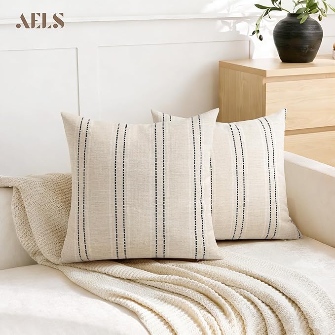 AELS 16x16 Decorative Farmhouse Linen Throw Pillow Covers, Boho Textured Pillow Case, Set of 2, Beige with White & Black Stitch Yarn Dyed Stripe Cushion Cover for Sofa Couch Living Room (Cover ONLY)