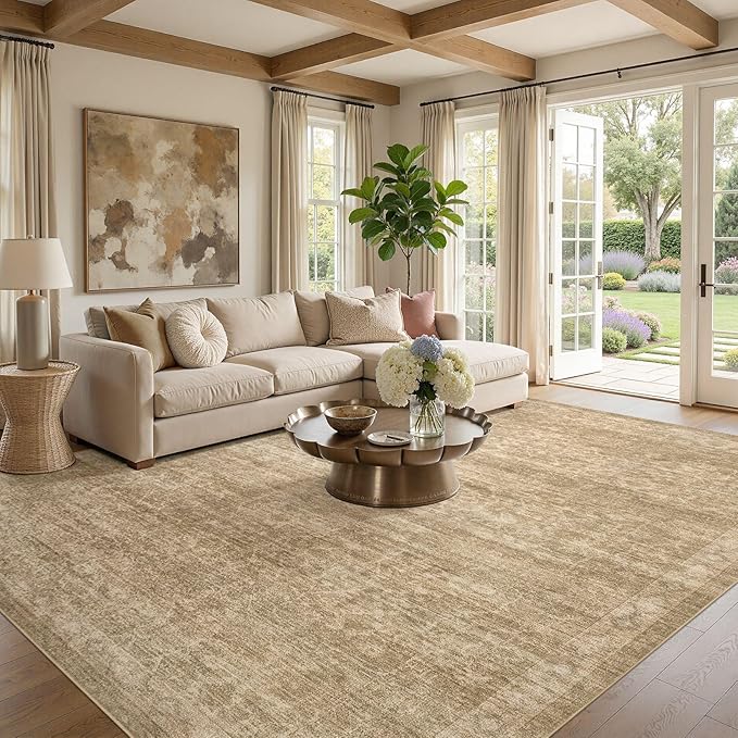 Nakagishi 10x12 Area Rugs Living Room: Washable Large Vintage Rug Neutral Non-Slip Soft Stain Resistant Indoor Carpet for Bedroom Nursery Dining Room Office Playroom - Beige Gray