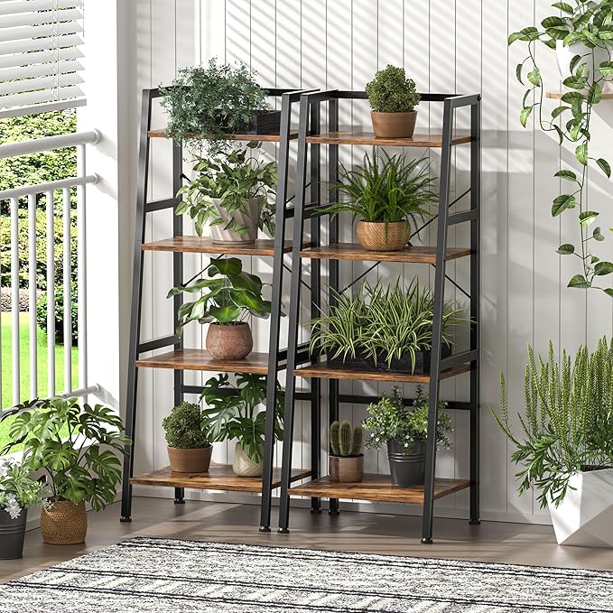 4-Tier Bookshelf, Ladder Shelf, Stand Up Shelves, Industrial Bookcase with Steel Frame, Metal Small Bookcase, for Living Room, Home Office, Kitchen, Bedroom, Industrial Style （Rustic Brown & Black）