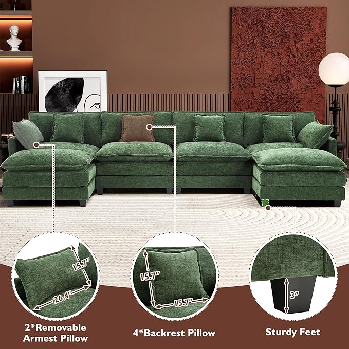 Ihanherry 146" U-Shaped Modern Sofa Modular Sectional Cloud Couch with 2 Ottoman, 6-Seat Chenille Deep Seat Sofa with 6 Pillows for Living Room, Bedroom and Apartment, Green