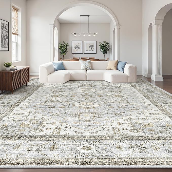 befbee Washable Rugs 10x14 Area Rugs for Living Room,Rugs for Bedroom,Ultra Soft Living Room Bedroom Large Carpe,Low Pile Vintage Print Rug for Home Office Decor (10'x 14',Blue＆Beige)