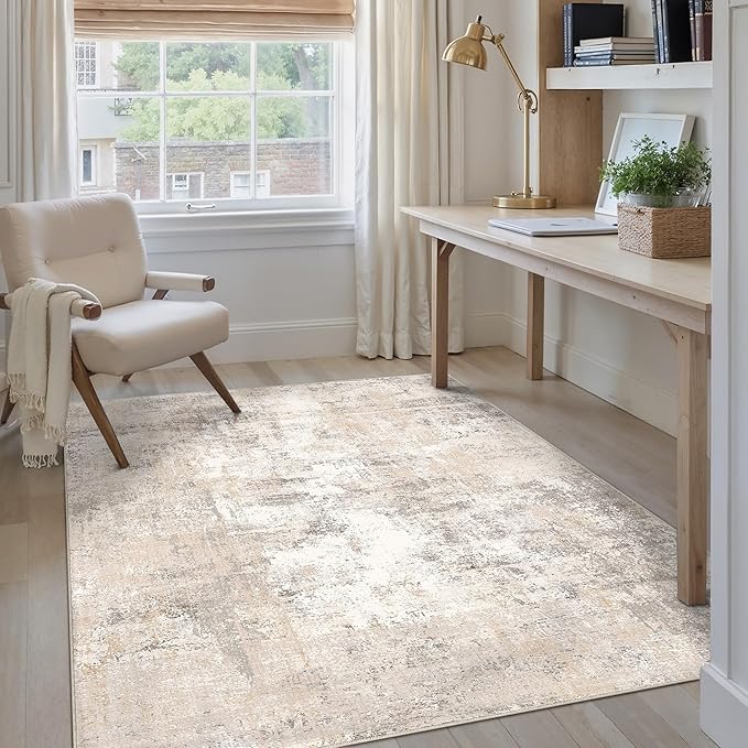 4x5 Washable Area Rug Beige Grey Abstract Non Slip Soft Low Pile Rug for Entryway Kitchen Bathroom Neutral Modern Throw Carpet for Living Room Bedroom Home Decor