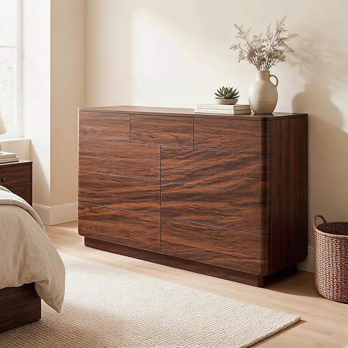 ACCOHOHO 9 Drawer Dresser for Bedroom, 52" Wide Modern Wood Dresser with Hidden Handle Drawers, Large Storage Chest of Drawers, TV Stand for Living Room & Hallway, Curved Profile Design, Dark Walnut