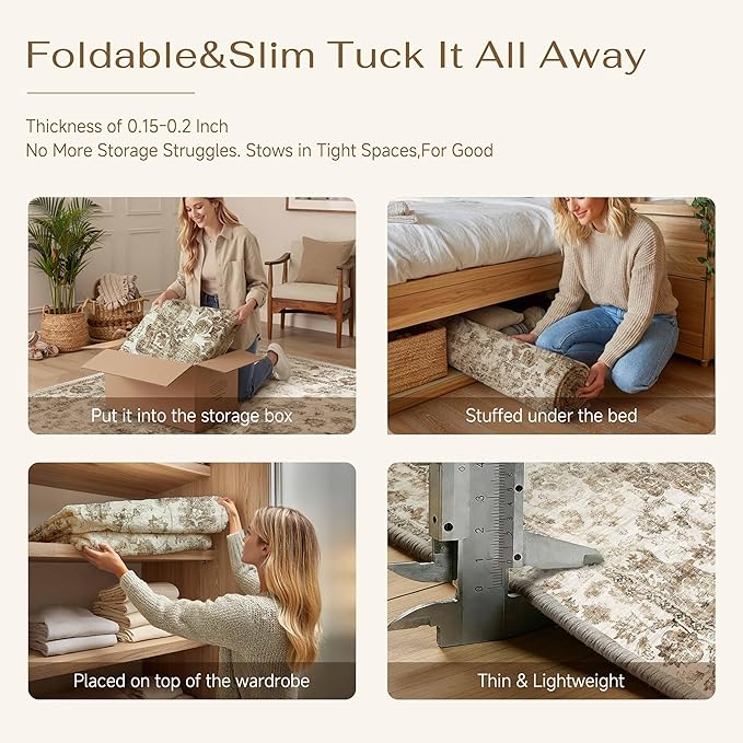 10x14 Neutral Area Rug Brown Vintage Living Room Bedroom Washable Carpet Non-Slip Soft Low Pile Farmhouse Indoor Large Throw Rug for Dining Room Office