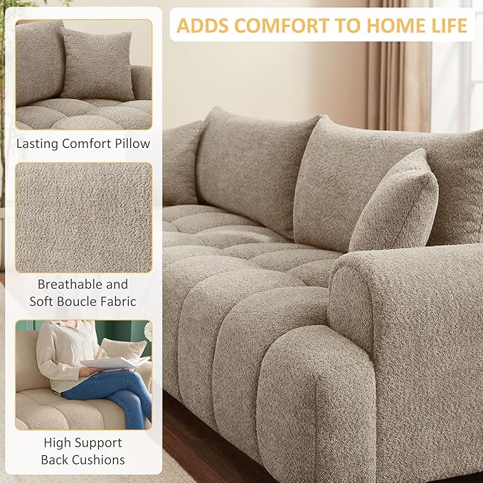 VANOMi Boucle Sofa Couch, 91" Comfy Tufted Upholstered Cloud Couches, Modern 3 Seater Sofa with Pillows, Oversized Deep Seat Sherpa Couch for Living Room, Bedroom, Apartment (Camel Color)