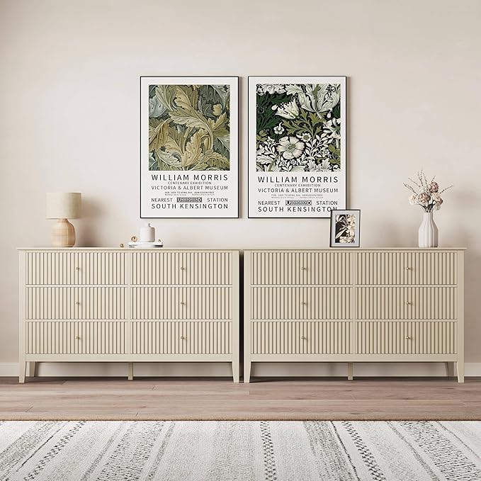 RoyalCraft 6 Drawer Dresser Set of 2, Fluted Modern Wood Dresser, Double Chest of Drawers for Bedroom, TV Stand Storage Cabinet for Living Room, Beige