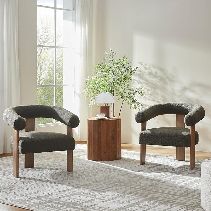 VKNOW Accent Chair Living Room Chairs Set of 2, Modern Upholstered Arm Chair with Solid Wood Legs, Comfy Barrel Accent Chairs for Living Room, Bedroom, Green