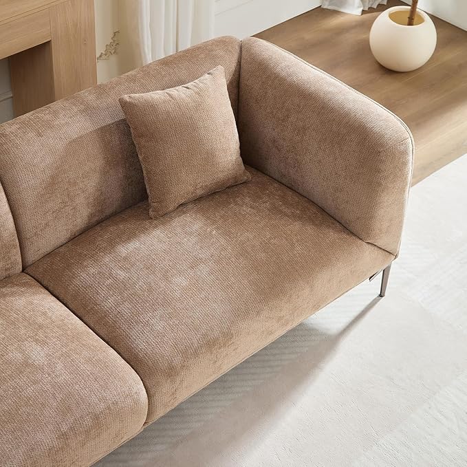 MEETAKING 82.68" Modern Sofa, 3-Seater Deep Seats Tuxedo Couch, Boucle Sofas with 2 Pillows, Minimalist Couches Straight with Metal Legs, High Armrests for Living Room,Bedroom,Home Office(Camel)