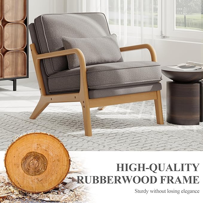 MALOL Accent Chair with Solid Wood Frame, Mid-Century Relaxing Armchair Lumbar Pillow& Soft Cushion, Reading Leisure Chair for Living Room, Bedroom, Waiting Room-Grey