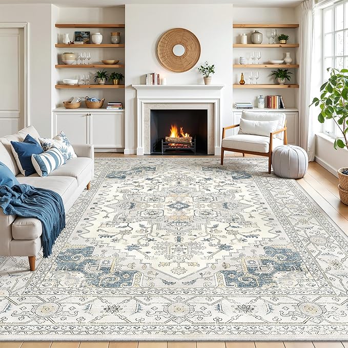 befbee Washable Area Rug 8x10, Area Rugs Stain Resistant Neutral Washable Rugs for Living Rooms Bedroom Vintage Non-Slip Thin Large Size Area Rug（BeigeBlue）