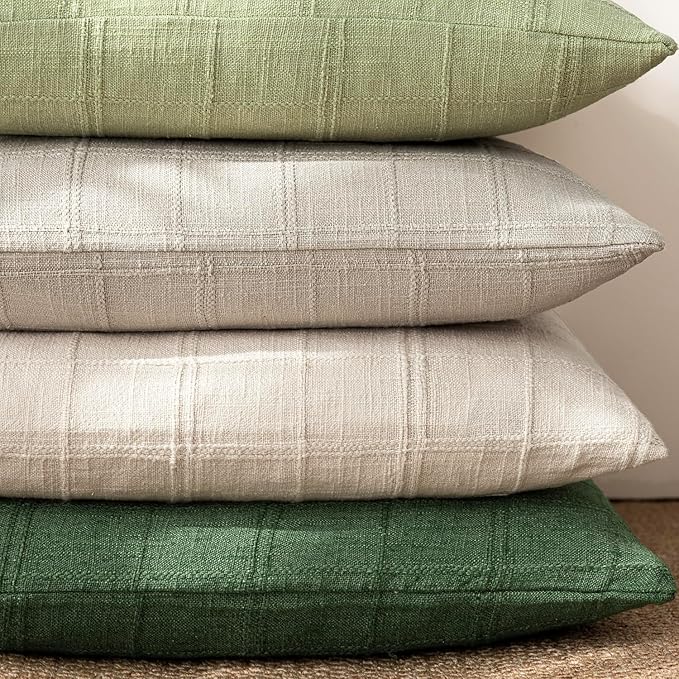 Foindtower Set of 2 Decorative Linen Check Throw Pillow Covers Neutral Farmhouse Vintage Cushion Covers Modern Boho Accent Home Decor for Sofa Chair Couch Bedroom Living Room,26×26 Inch,Forest Green
