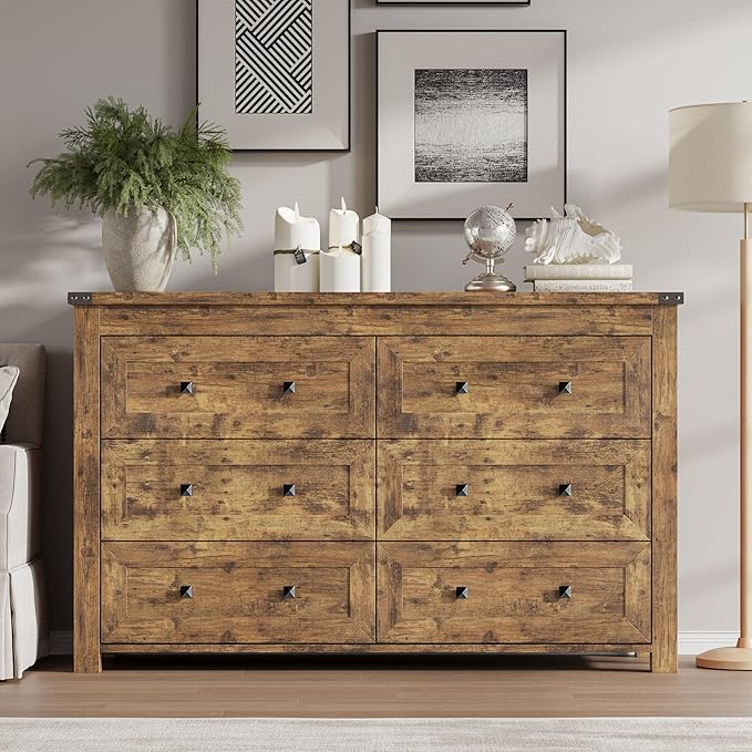 BORNOON 6-Drawer Dresser, Modern Wooden Storage Chest of Drawers, Dresser TV Stand, Wood Drawer Organizer with Metal Handles for Bedroom, Living Room, Hallway
