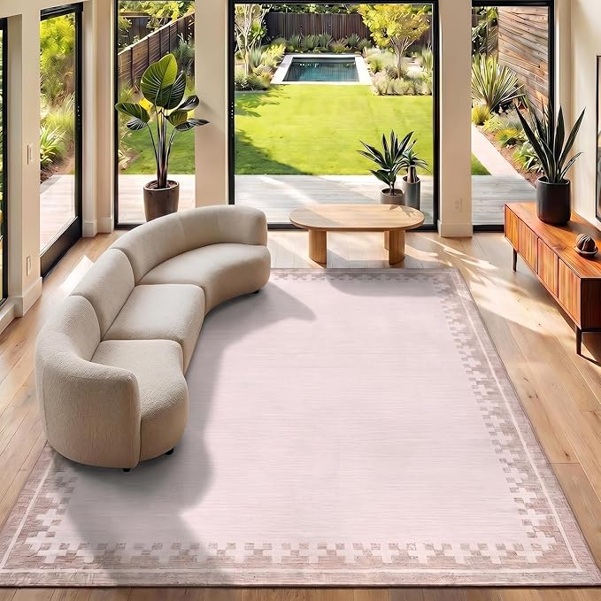 GarveeHome Washable 5x7 Rug Modern Low Pile Living Room Bedroom Rug with Non Sliip Back Geometric Bordered Indoor Carpet for Dining Room Farmhouse Home Office Decor, Light Beige/Seashell