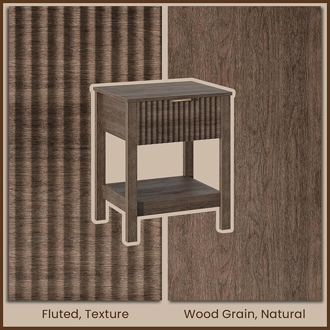 Fluted Night Stand with Golden Handle,Set of 2 Mid-Century Nightstands with Drawer,Bedside Table with Storage Shelf,Large Wood End Tables for Livingroom,Bed Side Tables for Bedroom,Walnut