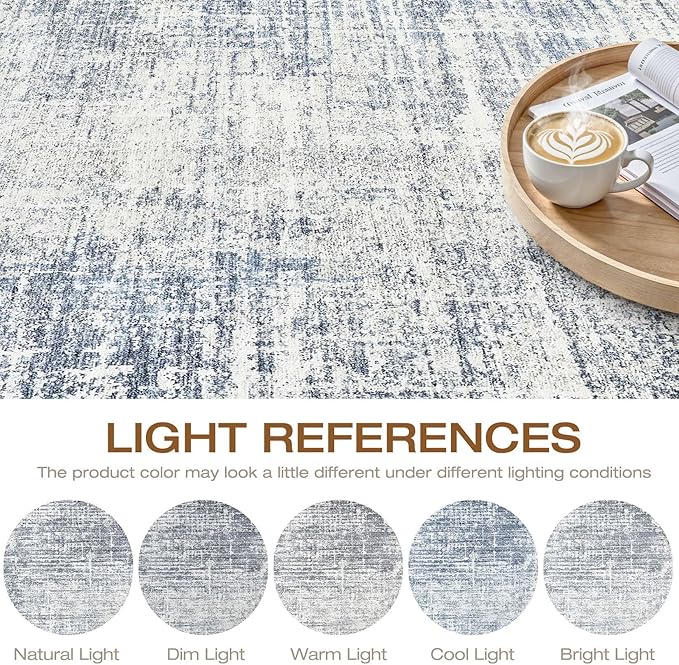 8ft Round Rug Living Room: 8x8 Washable Large Neutral Blue Circle Area Rug Abstract Soft Modern Stain Resistant Indoor Floor Non-Slip Carpet for Bedroom Nursery Kids Office Playroom Dining Room
