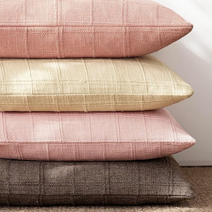 Foindtower Set of 2 Decorative Linen Check Throw Pillow Covers Neutral Farmhouse Vintage Cushion Covers Modern Boho Accent Home Decor for Sofa Chair Couch Bedroom Living Room,20×20 Inch,Light Pink