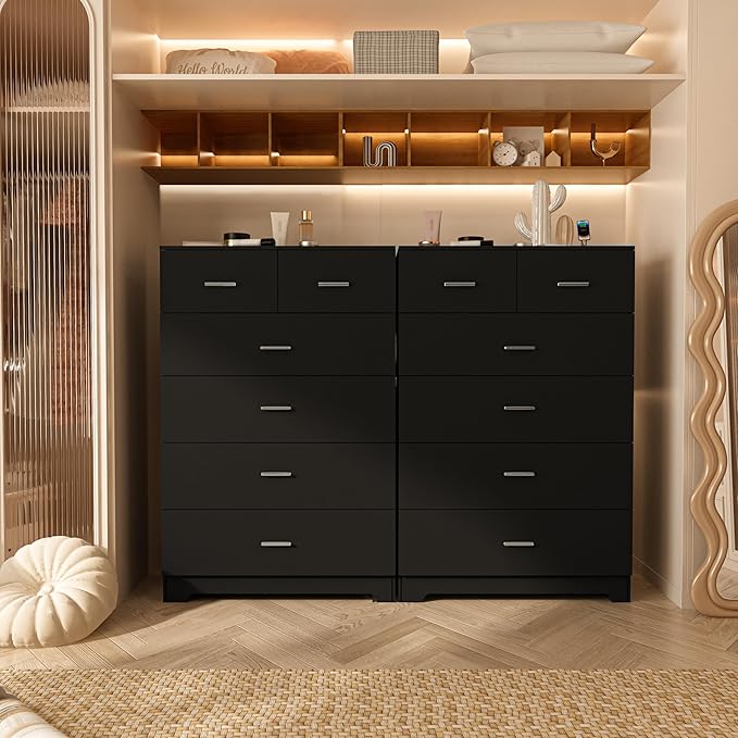 FJTJBSI Dresser with Power Outlets Wooden 6 Drawer Dresser with Large Organizer Black Tall Storage Organizer with Smooth Metal Rail Modern Chest of Drawers Closet for Bedroom Hallway