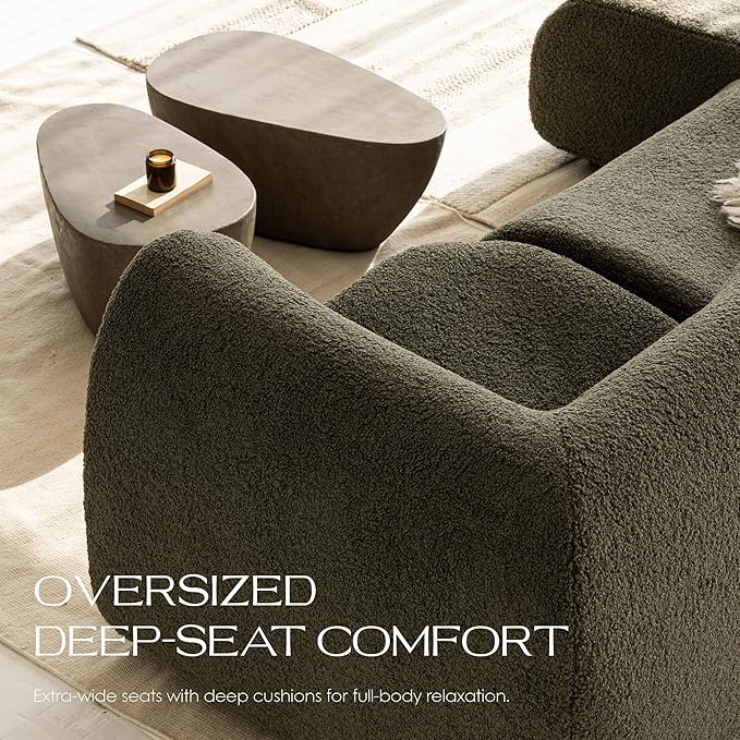 Loveseat Modular Sofa, 2-Piece Curved Sectional Couches with High-Density Foam, Boneless Sherpa Deep Seat Couch with Armrest, Cloud Soft Lounge Modern Sofas for Living Room – No Assembly, Green