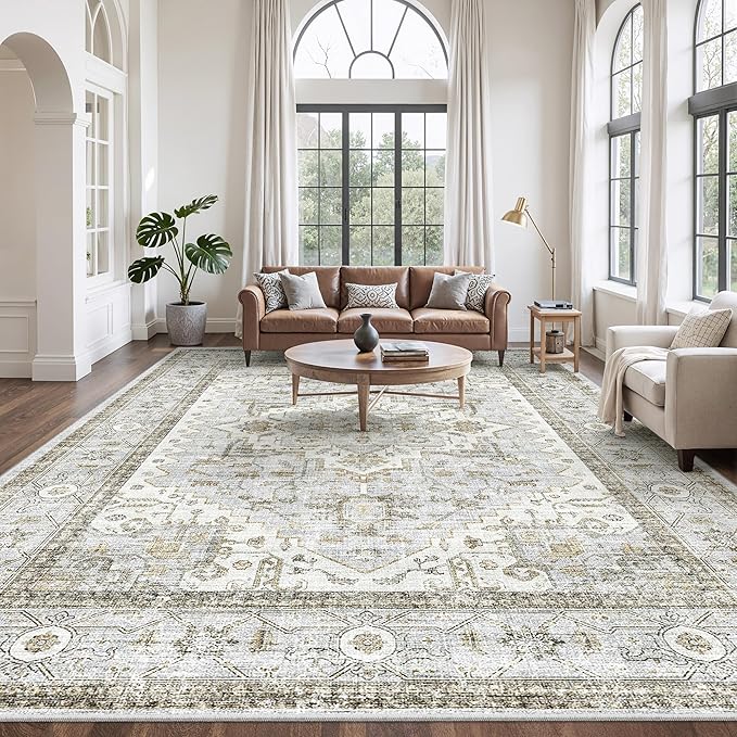 befbee Washable Rugs 10x14 Area Rugs for Living Room,Rugs for Bedroom,Ultra Soft Living Room Bedroom Large Carpe,Low Pile Vintage Print Rug for Home Office Decor (10'x 14',Blue＆Beige)