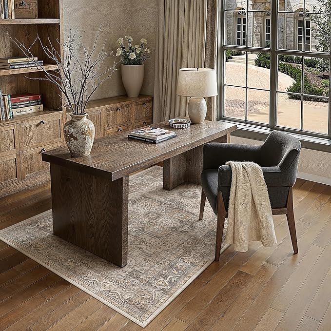 5x7 Washable Vintage Area Rug Brown Oriental Living Room Bedroom Throw Rug Neutral Non Slip Soft Low Pile Carpet for Dining Room Office Nursery Indoor