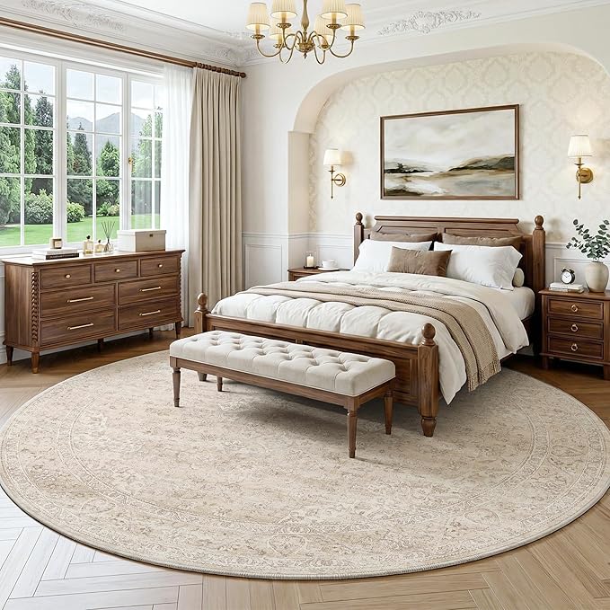 FMFUNCTEX 8ft Round Washable Area Rug Beige Vintage Neutral Oriental Distressed Large Non Slip Carpet for Living Room Bedroom Soft Low Pile Indoor Floral Retro Cream Rug for Dining Office Nursery