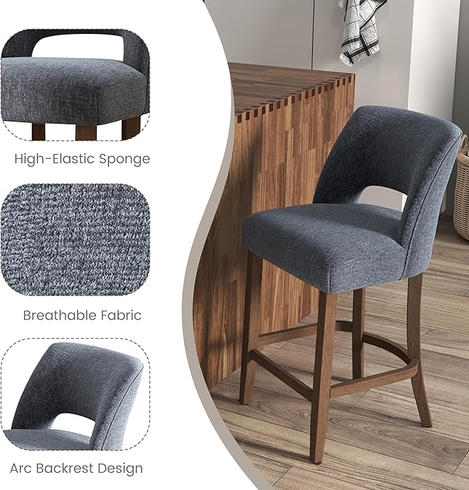 VKNOW Bar Stools Set of 6, 26" Upholstered Counter Height Bar Stools, Modern Counter Stools with Wood Legs for Kitchen Island Dining Room Bar, Navy Blue