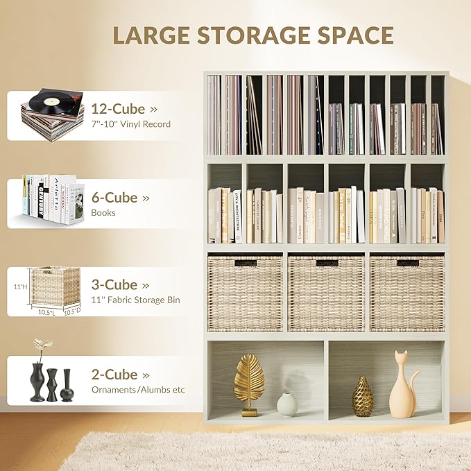 IOTXY DIY Modular Cube Bookcase - CubeXY Customizable Stackable Expandable Combination Set, 23-Cube Open Bookshelf for Books, Fabric Storage Bin, and 7/10-inch Vinyl Record Organizer, Oak
