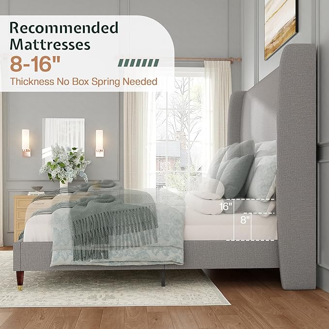 Jocisland King Size Bed Frame 51.2" Wingback Headboard Linen Upholstered Platform Bed with Solid Wood Legs & Wooden Slats, No Box Spring Needed, Modern Minimalist Style, Easy Assembly, Light Gray
