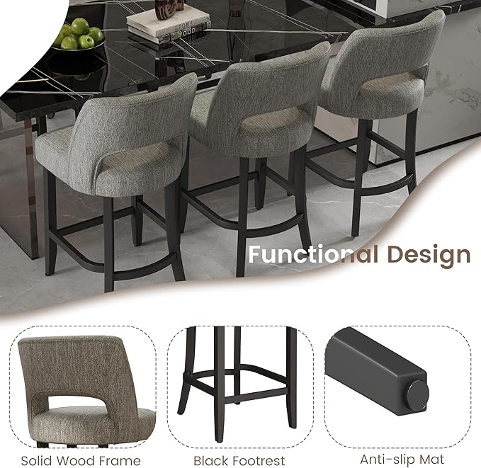 VKNOW Bar Stools Set of 6, 26" Upholstered Counter Height Bar Stools, Modern Counter Stools with Black Legs for Kitchen Island Dining Room Bar, Light Grey-Black Legs