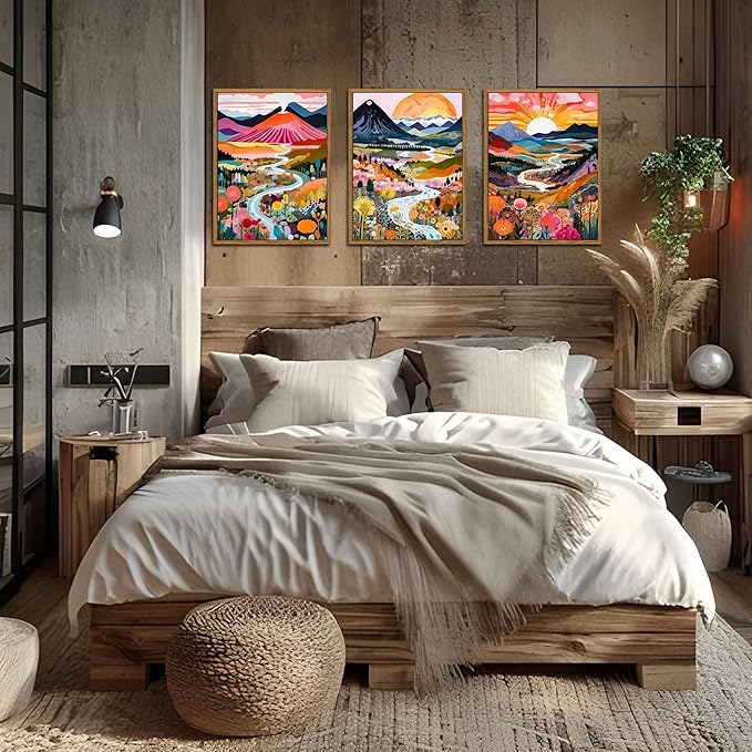 Floating Framed Large Boho Colorful Wall Art, Abstract Watercolor Mountain Landscape Wall Decor Painting Set of 3, Modern Flower Aesthetic Posters Prints for Living Room Bathroom Bedroom 16x24 Inch