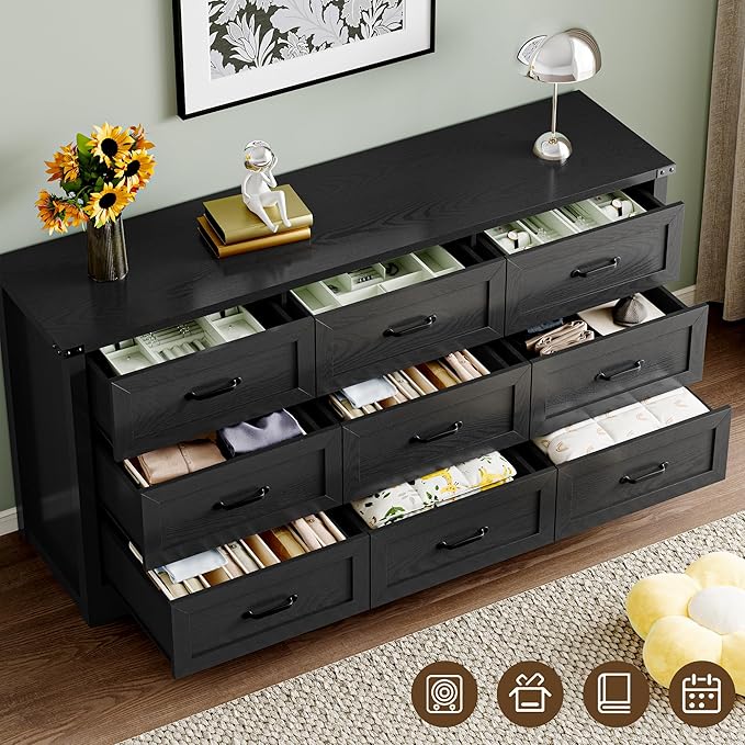 BORNOON 9-Drawer Dresser for Bedroom, Modern Wooden Chest of Drawers with Metal Handles, Anti-Tipping Design, Sturdy and Stable Storage Organizer for Living Room, Entryway, Home Office