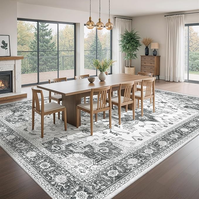 Living Room 10x14 Area Rugs, Washable Area Rug Stain Resistant Carpet Vintage Soft Rugs for Bedroom with Non Slip Backing Indoor Home Decor (10'x 14',Grey)