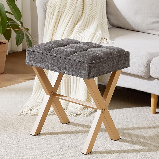 Royal Windsor Vanity Stool,Square Ottoman Stool Foot Rest,Upholstered Vanity Chair Foot Stool with Metal X Legs, Small Vanity seat for Entryway,Bedroom and Living Room,Dark Grey+Yellow