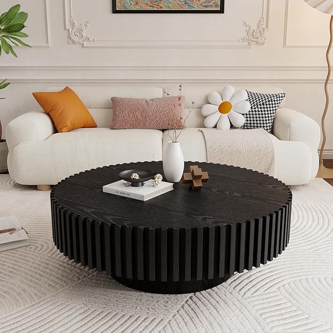 39.4" Black Round Coffee Table Wood, Modern Drum Fluted Coffee Table for Living Room, Contemporary Low Circle Center Table Side Table for Apartment, Farmhouse, Office, mesa de Cafe