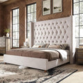 PaPaJet California King Size Bed Frame with 61.4" Tall Wingback Design Headboard, Velvet Upholstered Platform, Handmade Deep Button Tufting, Solid Wood Legs, No Box Spring Needed, Cream