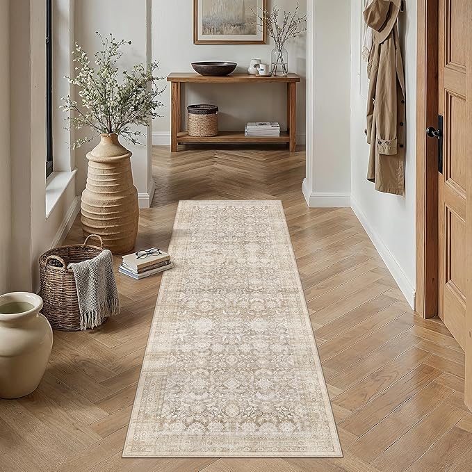 2x6 Beige Washable Floral Hallway Runner Rug Kitchen Vintage Low Pile Non Slip Area Rug Soft Stain Resistant Carpet Distressed Door Mat Entryway Bedroom Living Room Indoor Stair
