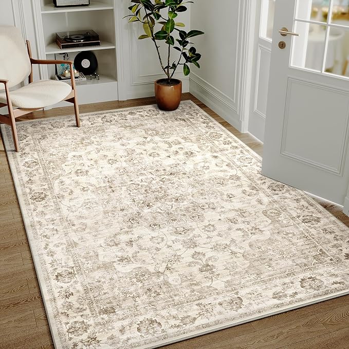 5x7 Washable Neutral Area Rug Beige Vintage Living Room Bedroom Carpet Non-Slip Soft Low Pile Farmhouse Indoor Throw Rug for Dining Room Entryway Office
